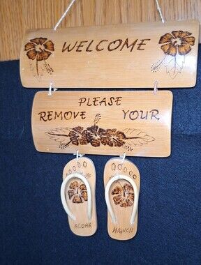 Beach Door Sign Tiki Bamboo Please Remove Your Shoes Dangling Flip Flops Hawaii